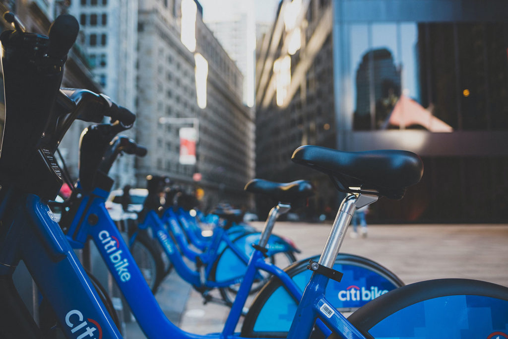 Blue Citi Bike bicycles parked in a row